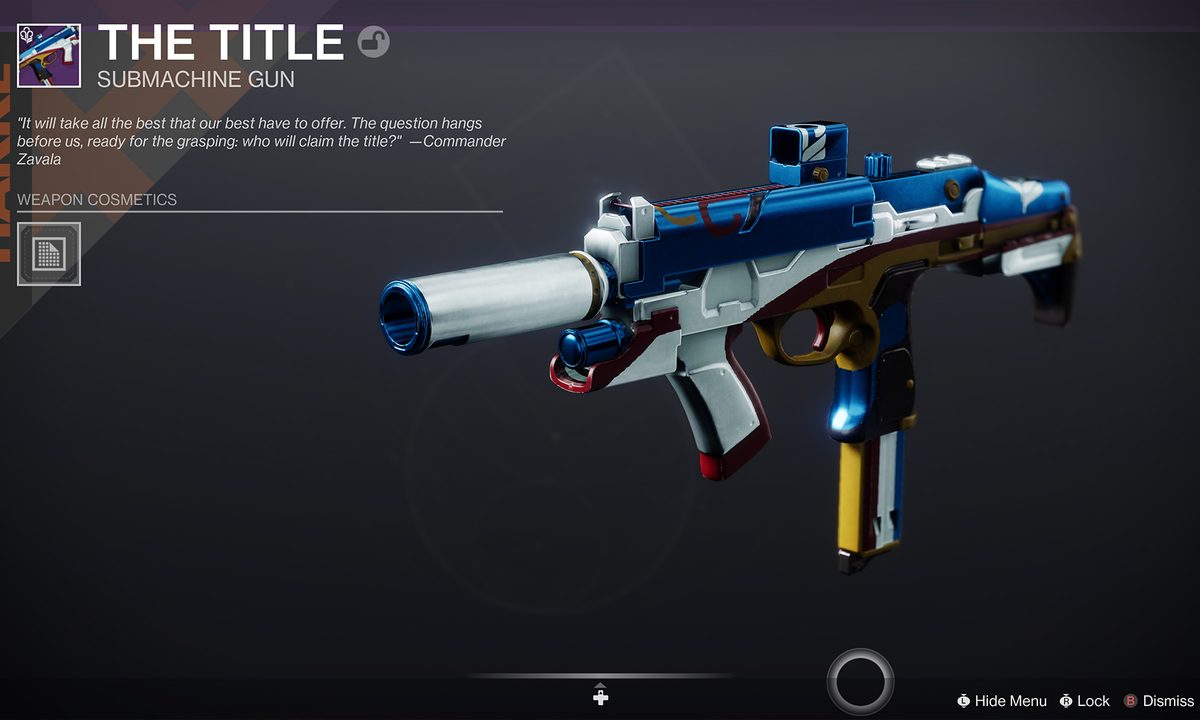 The SMG called The Title is shown in closeup in Destiny 2.
