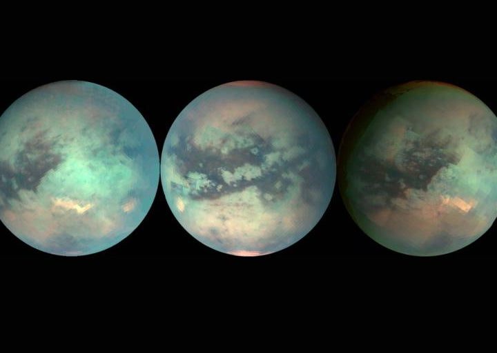 These three mosaics of Titan were composed with data from Cassini’s visual and infrared mapping spectrometer taken during the last three Titan flybys, on Oct. 28, 2005 (left), Dec. 26, 2005 (middle), and Jan. 15, 2006 (right). In a new study, researchers have shown how Titan’s distinct dunes, plains, and labyrinth terrains could be formed.