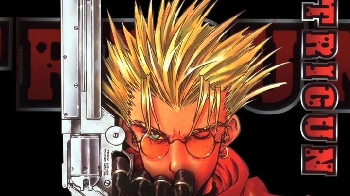 Vash holding up his gun in Trigun anime key art.