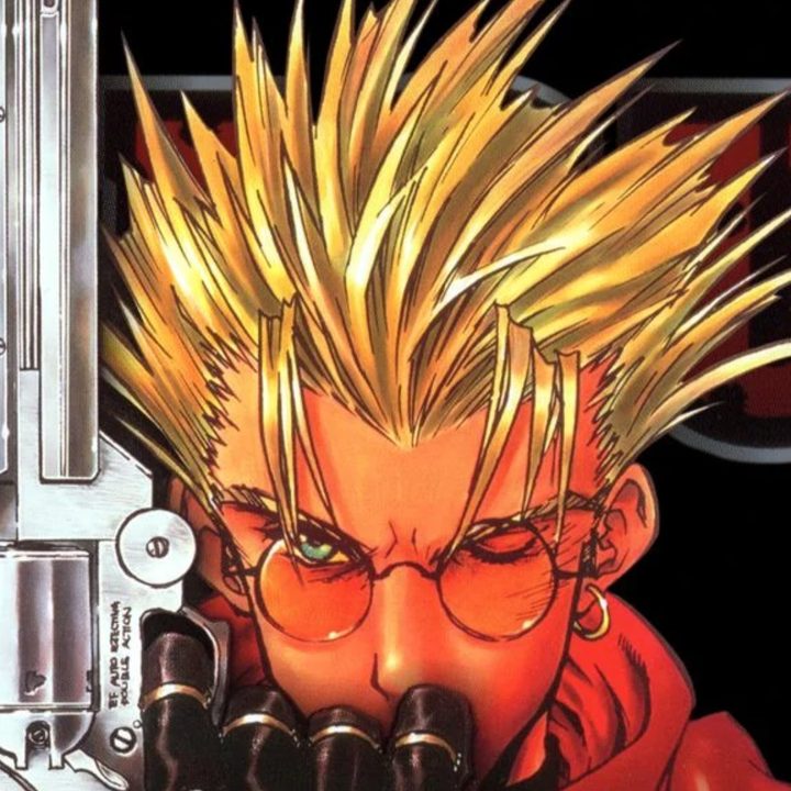 Vash holding up his gun in Trigun anime key art.
