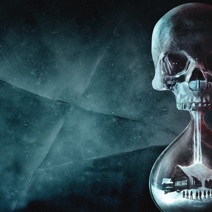 A skull-shaped hour glass with the cast of Until Dawn in the snows of Blackwood Mountain.