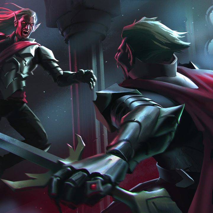 Two vampire knights dueling with one leaping into the air.