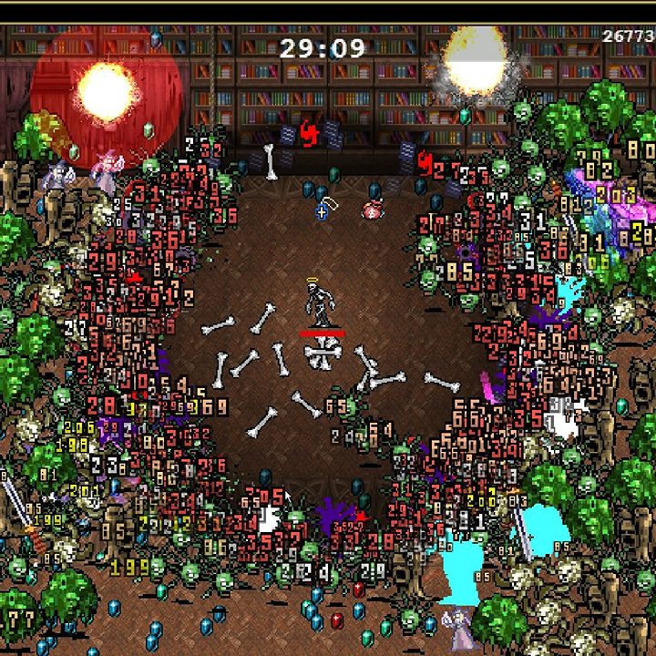 Screenshot of a horde of monsters attacking in Vampire Survivors.