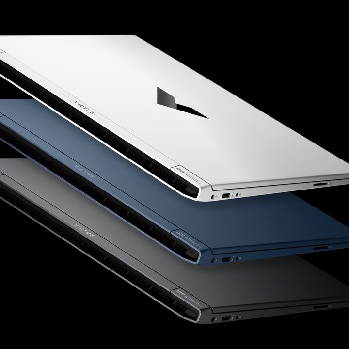 HP Victus 15 gaming laptop in three colors.