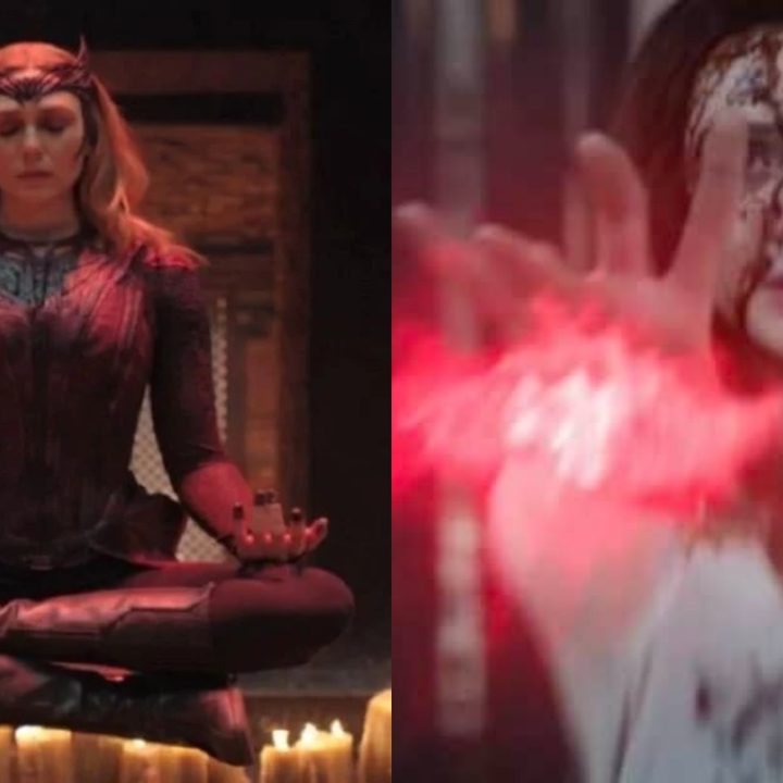 Split image of Maximoff meditating and covered in unknown characters' blood in Doctor Strange 2.