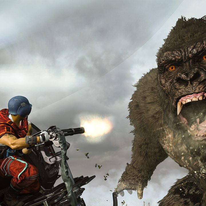 A soldier fires at King Kong from a helicopter in Operation Monarch.