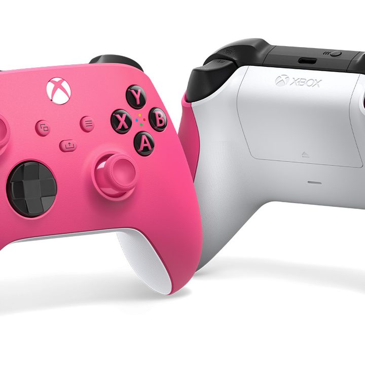 Two pink Xbox controllers shown front and back.