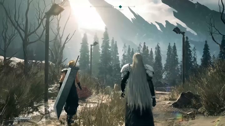 Cloud and Sephiroth walking toward a bridge.