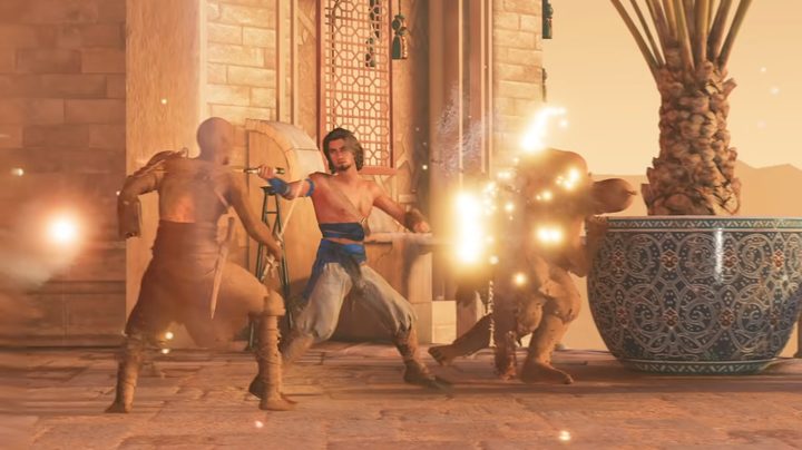 The prince fighting two sand creatures outside.