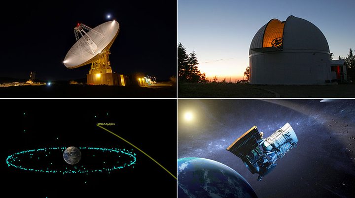 Clockwise from top left are three of the observatories that participated in a 2021 planetary defense exercise: NASA’s Goldstone planetary radar, the Mount Lemmon telescope of the Catalina Sky Survey, and NASA’s NEOWISE mission. At bottom left is an illustration of the path of Apophis’ close approach in 2029.