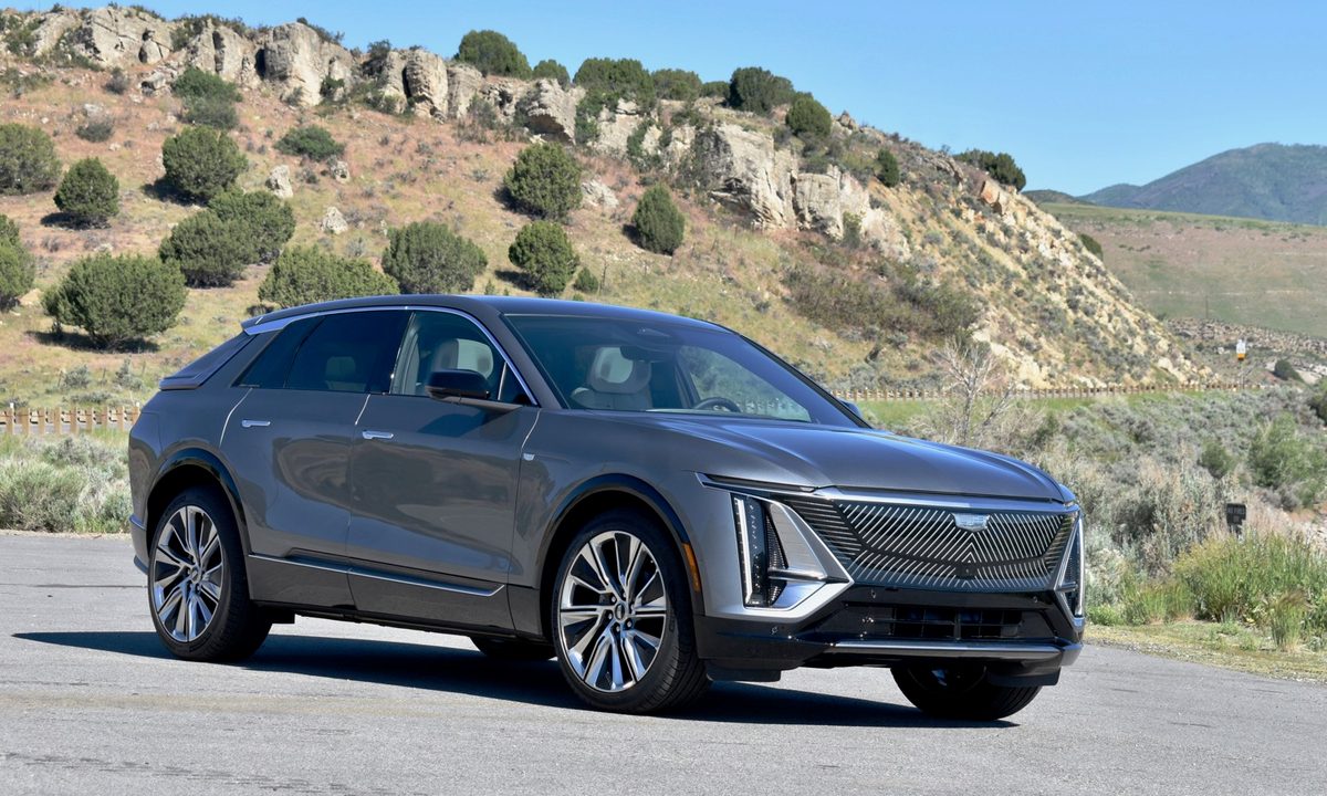 Front three quarter view of the 2023 Cadillac Lyriq electric SUV.