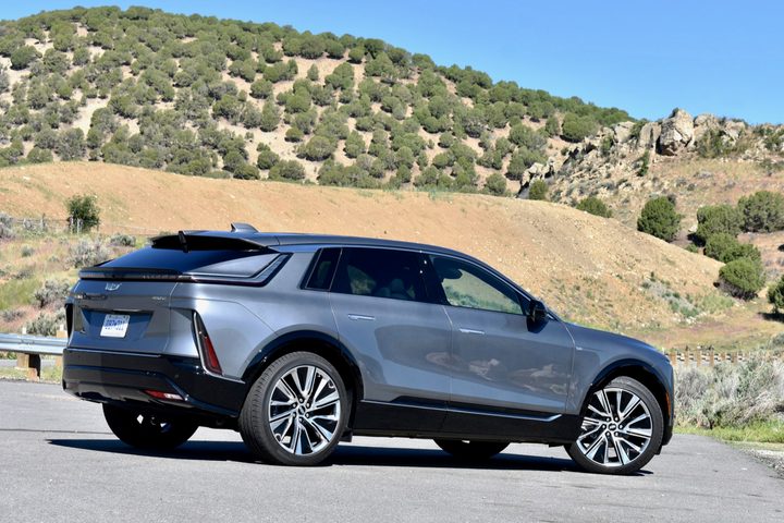 Rear three quarter view of the 2023 Cadillac Lyriq electric SUV.