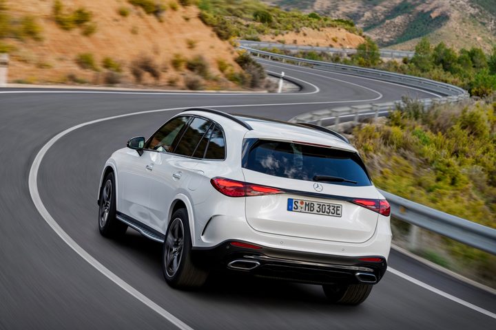 Rear three quarter view of the 2023 Mercedes-Benz GLC-Class.
