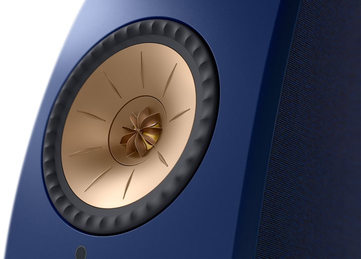 Closeup of blue KEF LSX II speaker driver