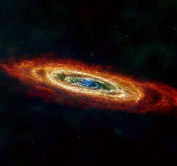 The Andromeda galaxy, or M31, is shown here in far-infrared and radio wavelengths of light.