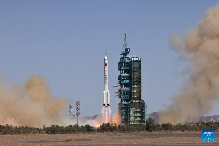 The crewed spaceship Shenzhou-14, atop a Long March-2F carrier rocket, is launched from the Jiuquan Satellite Launch Center in northwest China, June 5, 2022.