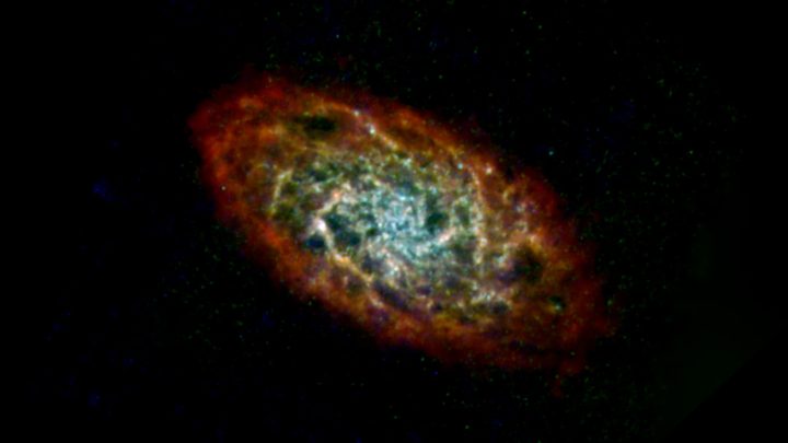 The Triangulum galaxy, or M33, is shown here in far-infrared and radio wavelengths of light. Some of the hydrogen gas (red) that traces the edge of the Triangulum’s disc was pulled in from intergalactic space, and some was torn away from galaxies that merged with Triangulum far in the past.