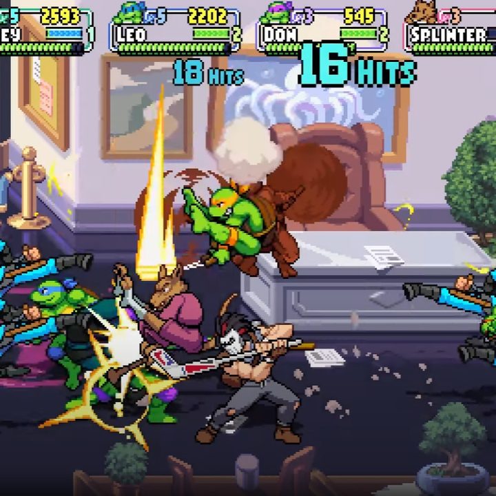 Leonardo, Michaelangelo, Casey Jones, Splinter, and Raphael fighting foot ninjas.