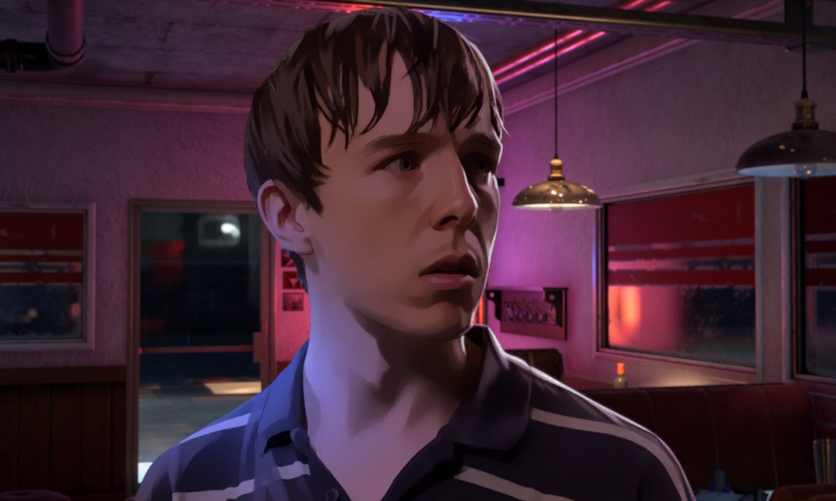 An As Dusk Falls character looks concerned in the diner at night.