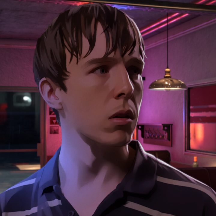 An As Dusk Falls character looks concerned in the diner at night.