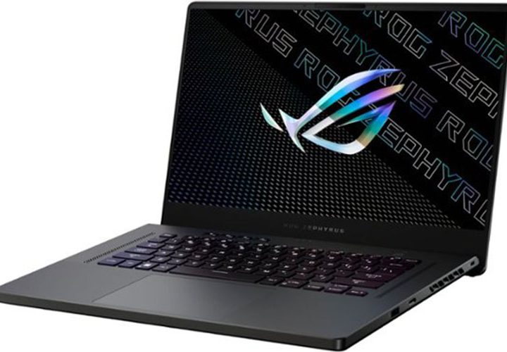 Asus ROG Zephyrus 15.6-inch gaming laptop at a side angle on a white background.
