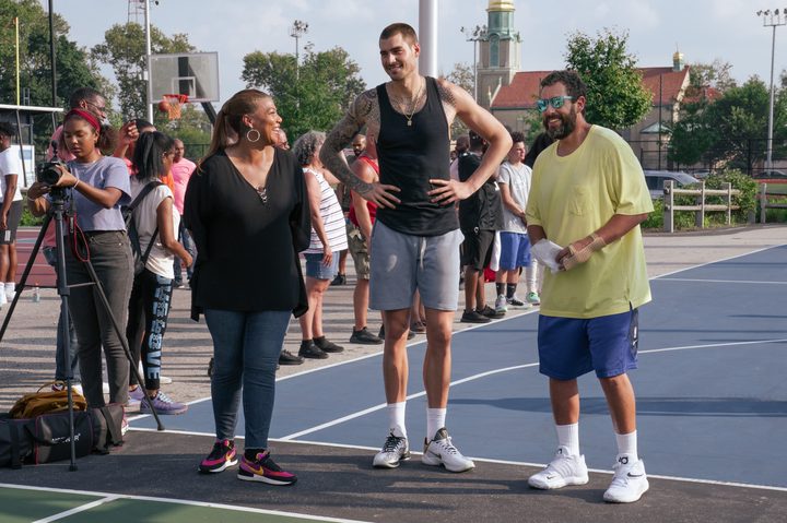 Alex, Teresa, Bo, and Stanley stand together on a basketball court in Hustle.