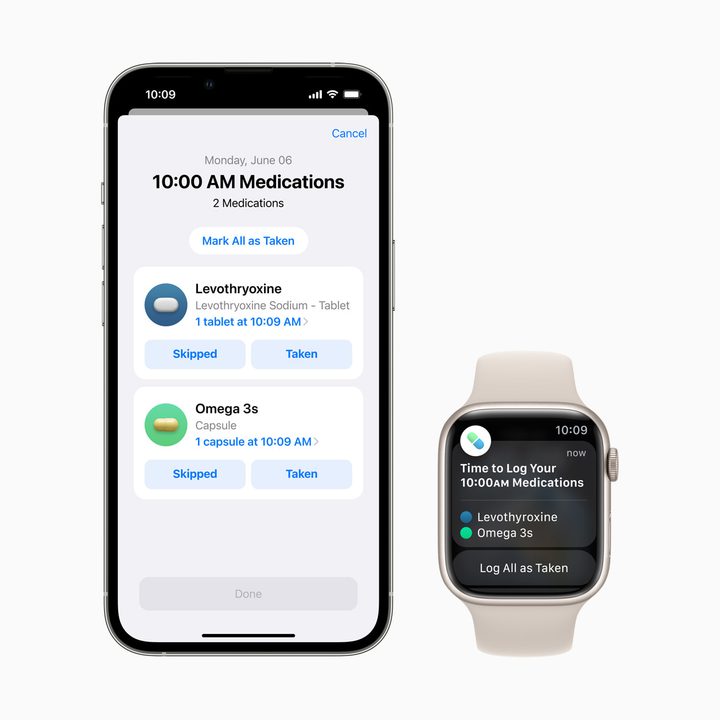 The Medications app on an iPhone and Apple Watch.