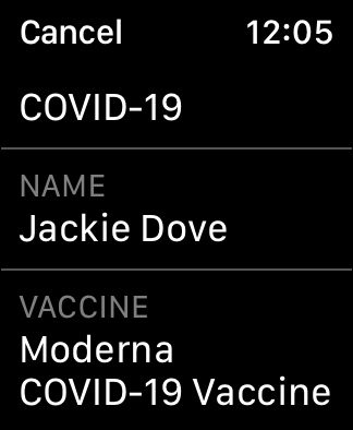 Apple Watch vaccination info screen.