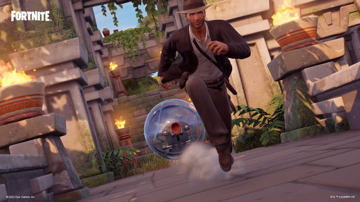 Indiana Jones running from Baller in Fortnite.