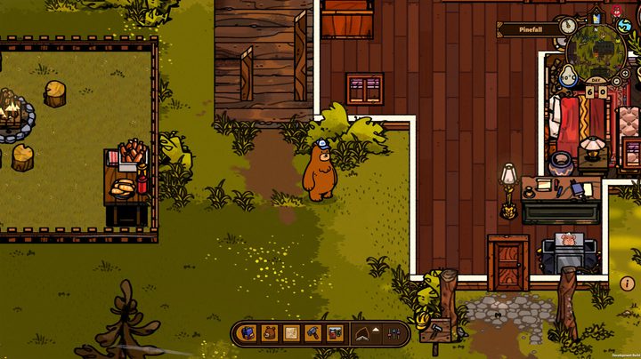 A bear wearing a blue hat stands outside his bed and breakfast in Bear and Breakfast.