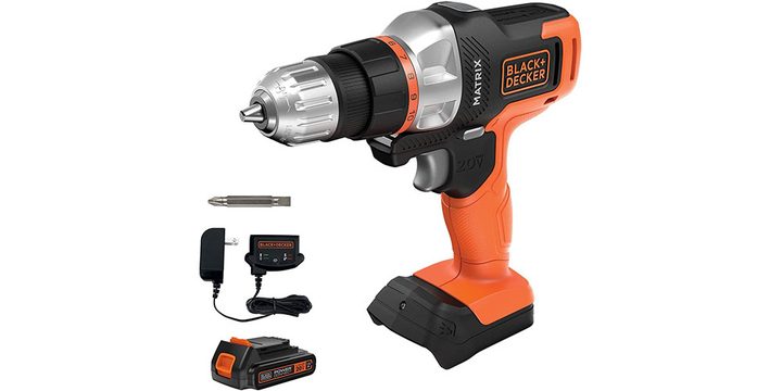 Black + Decker 20V Max Matrix Cordless Drill on a white background next to its drill bits.