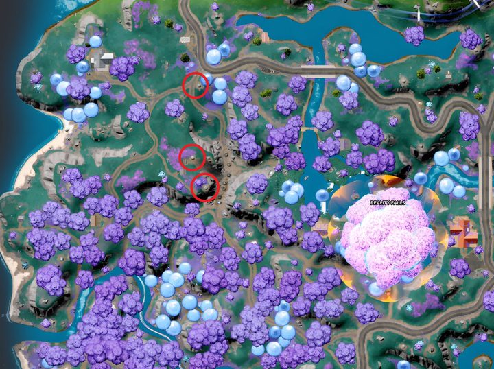 Map of runaway boulders in Fortnite.