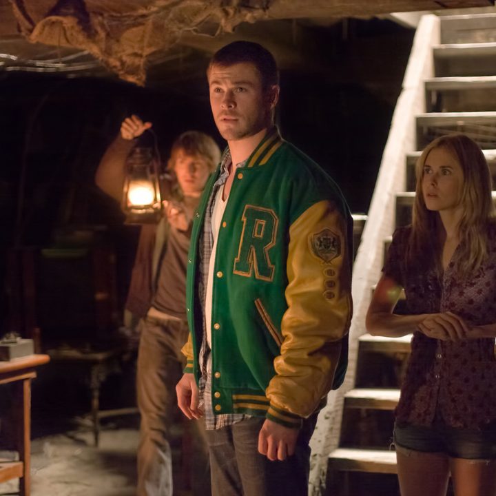 The characters from Cabin in the Woods are at the bottom of a basement stairwell.