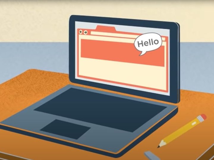 A drawing of a Chromebook on a desk.