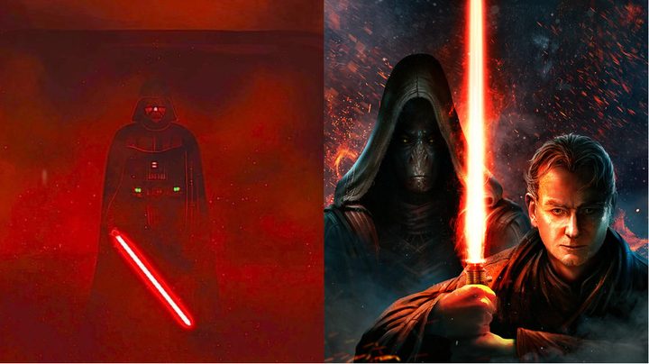 Split image of Darth Vader and Palpatine with his mentor Plagueis behind him.