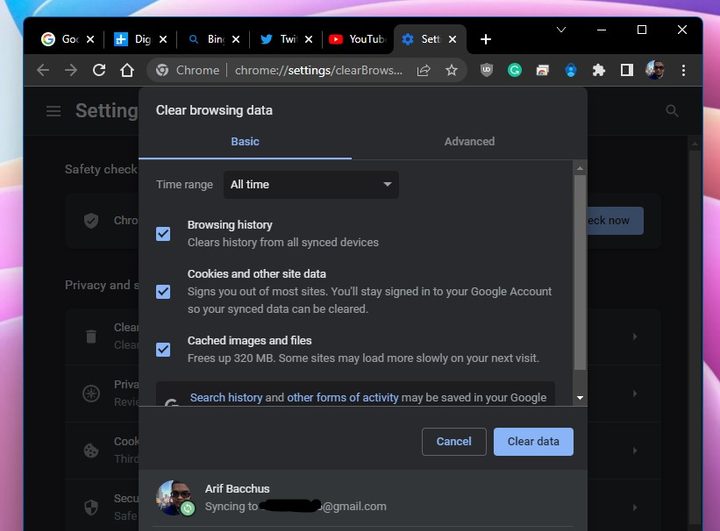 Deleting browsing data in Google Chrome
