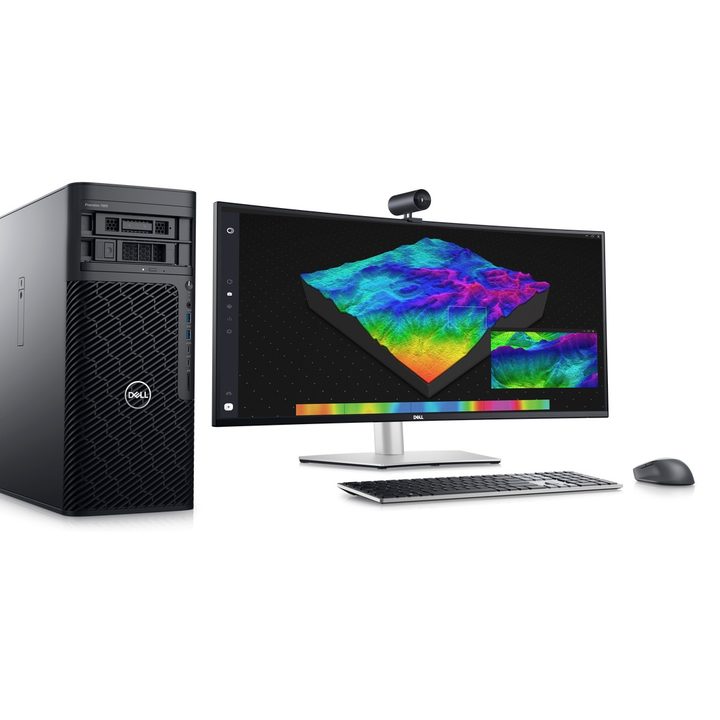 Dell Precision 7865 Tower workstation next to a monitor, keyboard, and mouse.