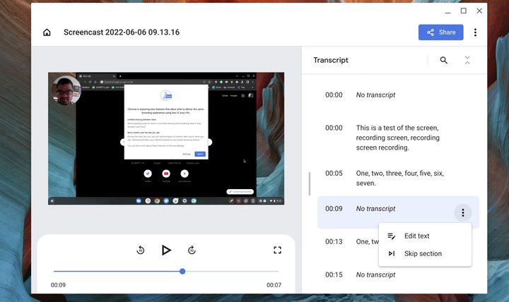 Editing a transcript in Screenchat on Chromebook.