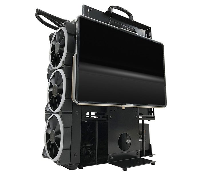 Open frame PC case by Nagao with a monitor mounted on it.