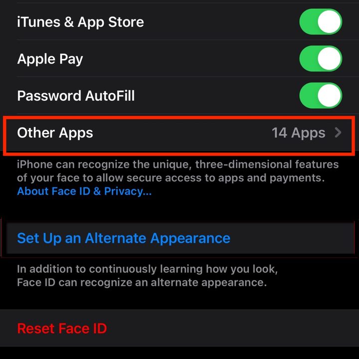 Face ID Other apps button.