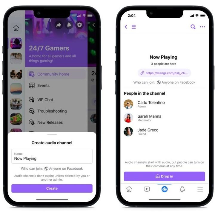 Two mobile screenshots showing new Facebook Groups Audio channels feature.