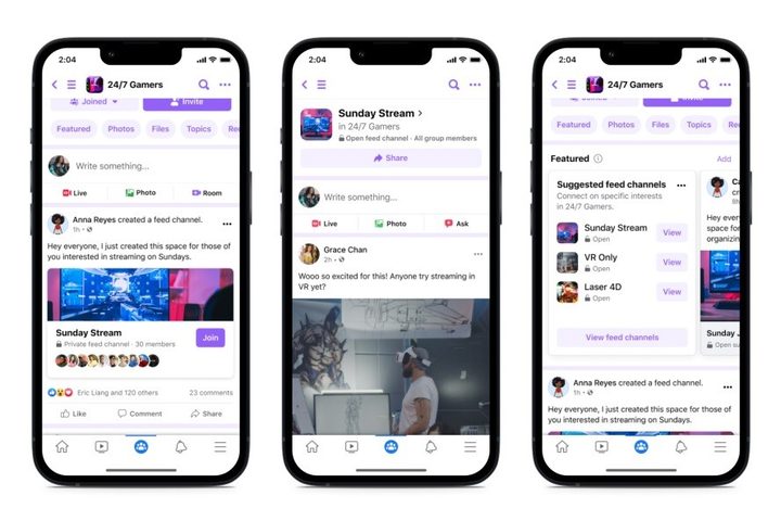 Three mobile screenshots showing new Facebook Groups Feed channel feature.