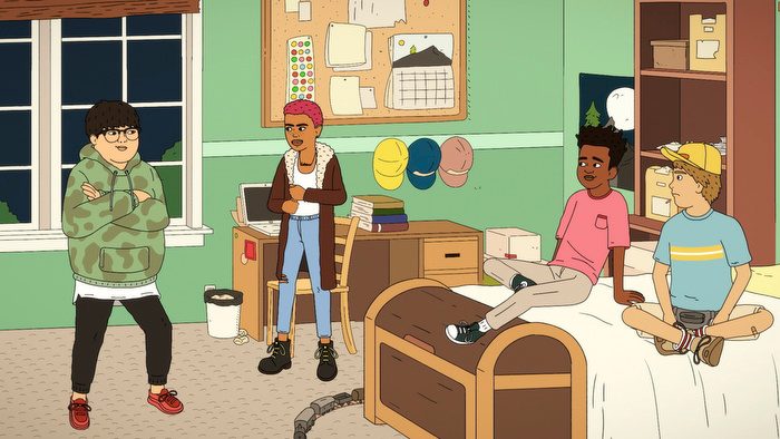 Dale, Derica, Benny, and Truman sitting in their room in a scene from Fairfax.