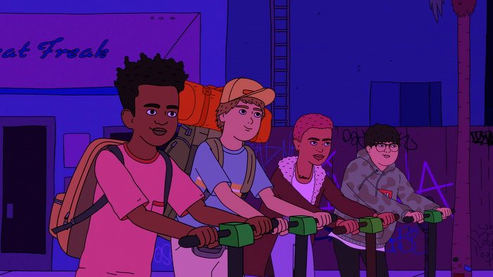 Dale, Derica, Benny, and Truman riding scooters in a scene from Fairfax.