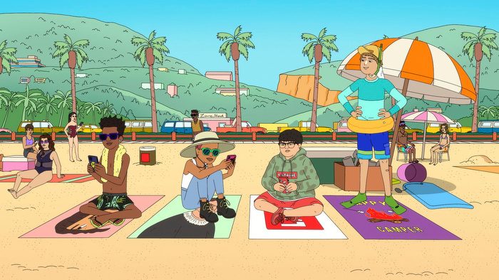 Dale, Derica, Benny, and Truman sitting on the beach in a scene from Fairfax.