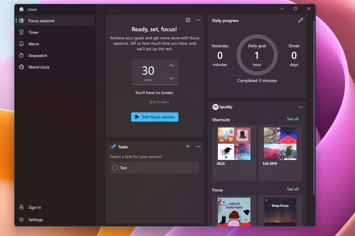 Windows 11's focus sessions in use.