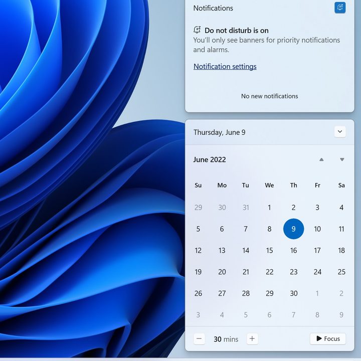 The focus settings in Windows 11.