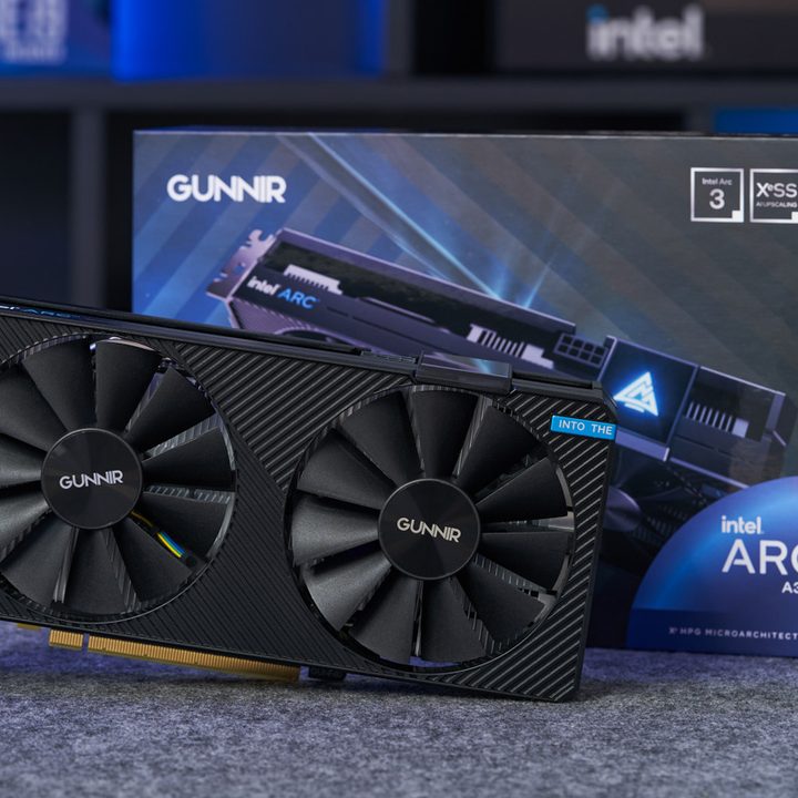 Gunnir A380 Photon graphics card in front of its box.