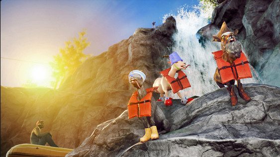 Three goats near a waterfall.