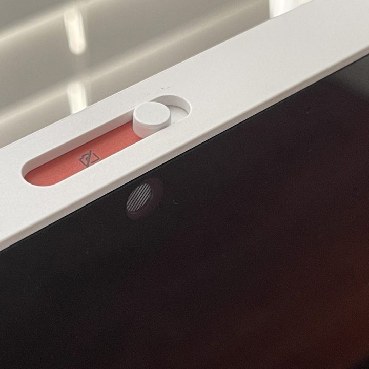 The webcam slider on the HP Chromebase.